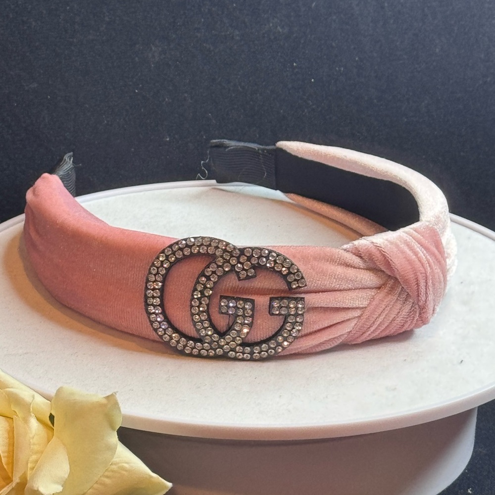 Pink Velvet Rhinestone Headband - Picture 2 of 11
